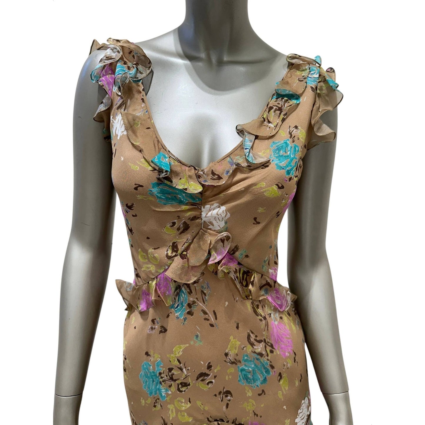 John Galliano Silk Floral Ruffle Evening Gown IT 42 Pre-owned