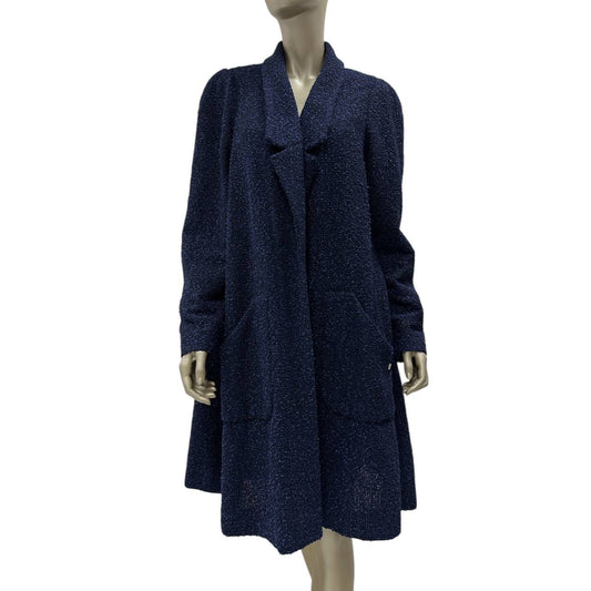 Elegant Chanel Navy Blue Tweed Mid-Length Coat - Size 50 Pre-owned