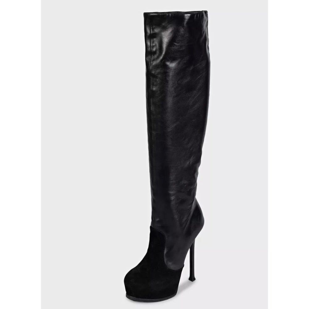 Saint Laurent Black Leather Suede Knee-High Stiletto Boots Sz.39 Pre-owned