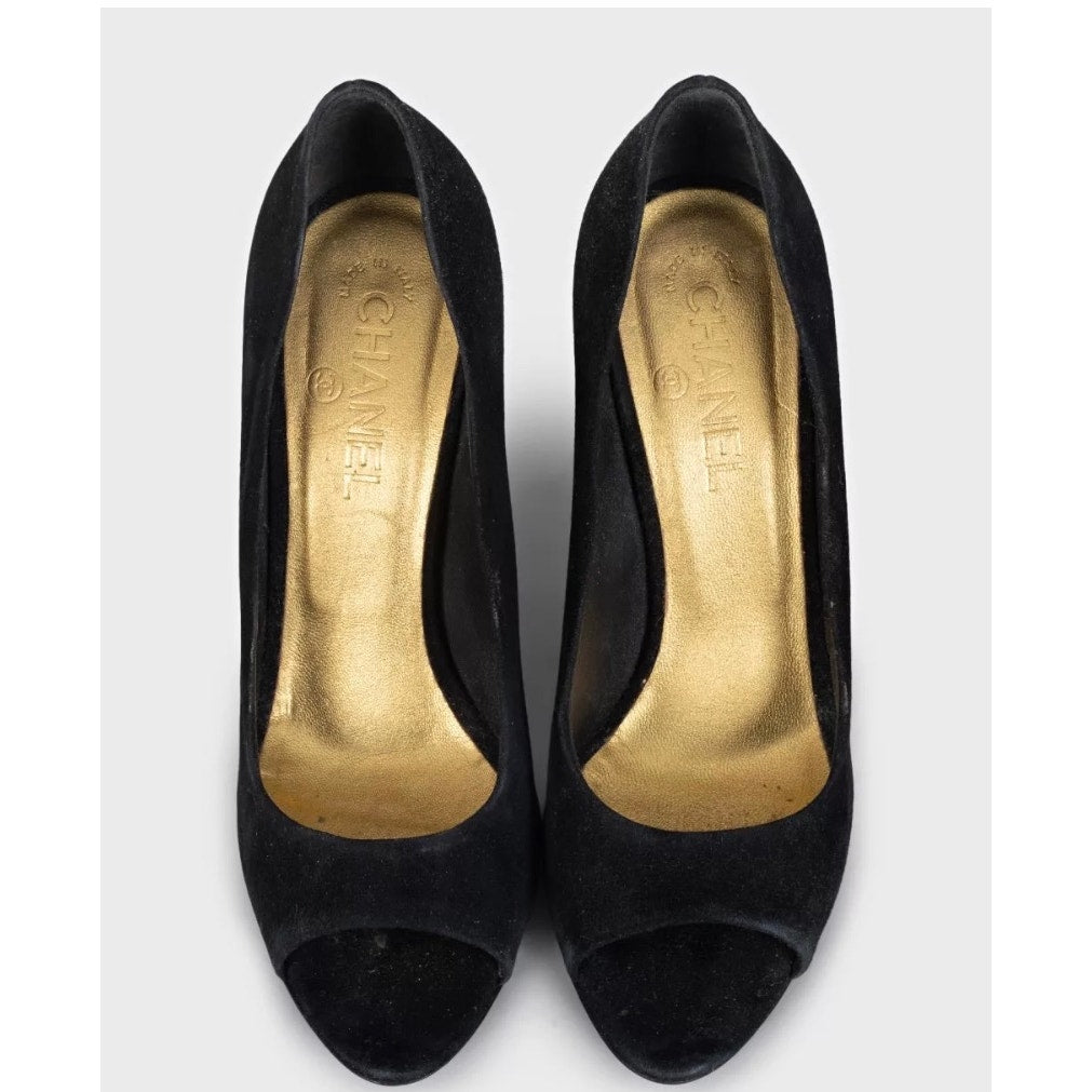 Chanel Black Suede Gold Accent Open Toe Pumps Sz 40 Pre-owned