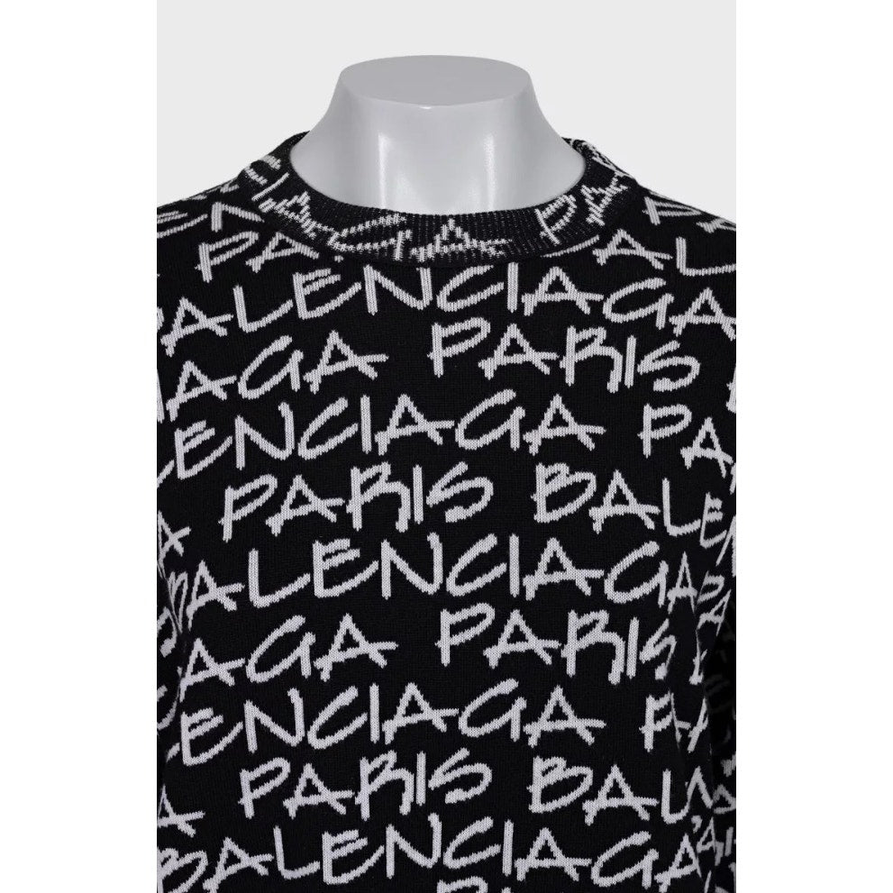 Balenciaga Black Oversize Logo Print Wool Sweater sz.S pre-owned