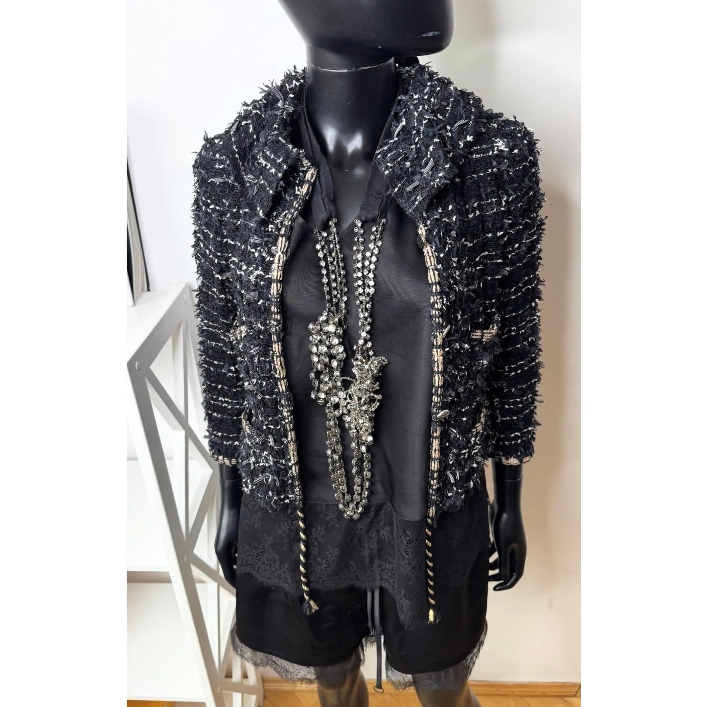 Chanel SS06 Fantasy Tweed Black Rope Trim Jacket Sz.38 Pre-owned