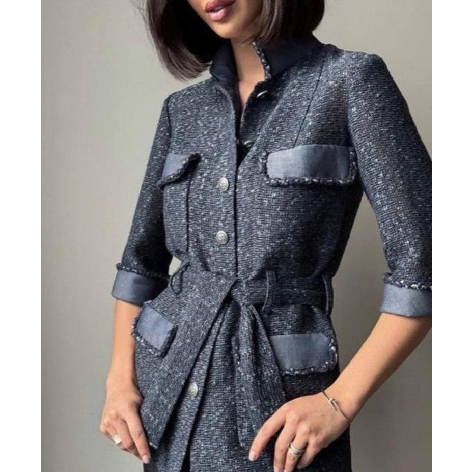 Chanel Spring 2012 Blue Tweed & Denim Belted Jacket FR 38 Pre-owned