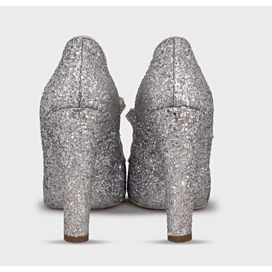 Miu Miu Silver Glitter Block Heel Shoes - Size 39 Pre-owned