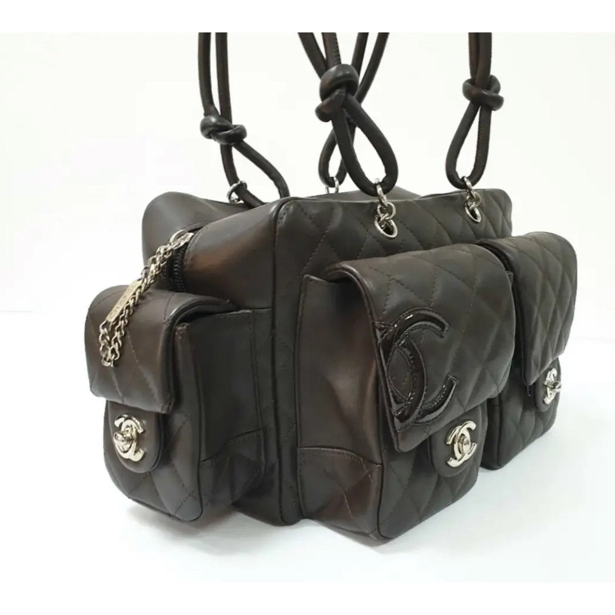 CHANEL Cambon Ligne Reporter Quilted Brown Lambskin Bag Pre-owned