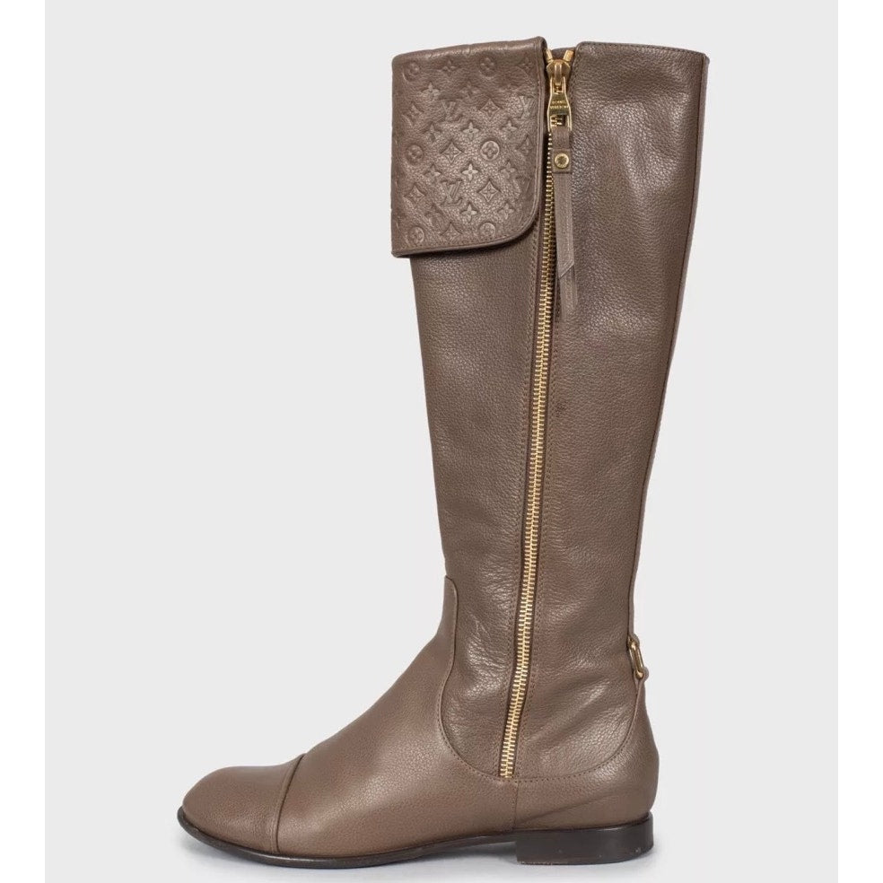 Louis Vuitton Brown Leather Knee Boots Gold Zippers 37.5 Pre-owned