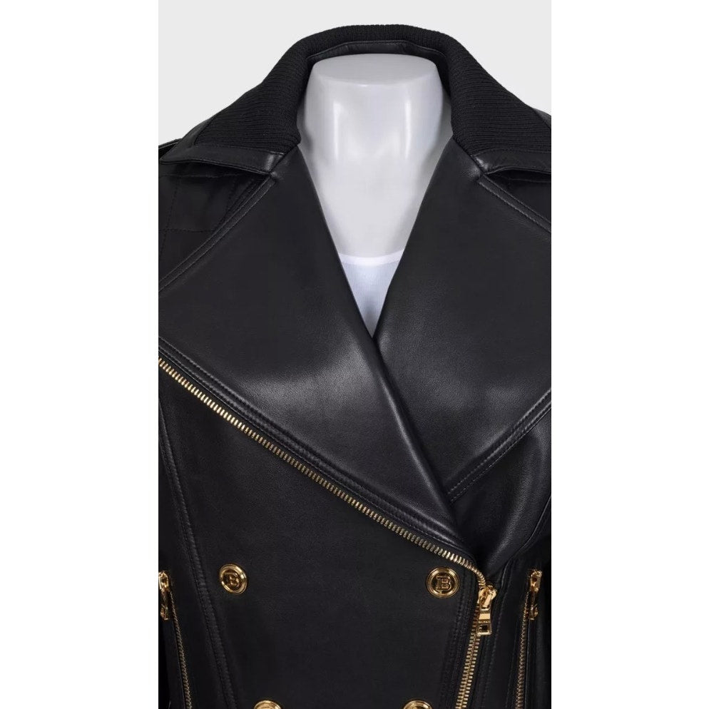 Iconic Balmain Black Lamb Leather Jacket Gold Buttons FR 36 Pre-owned