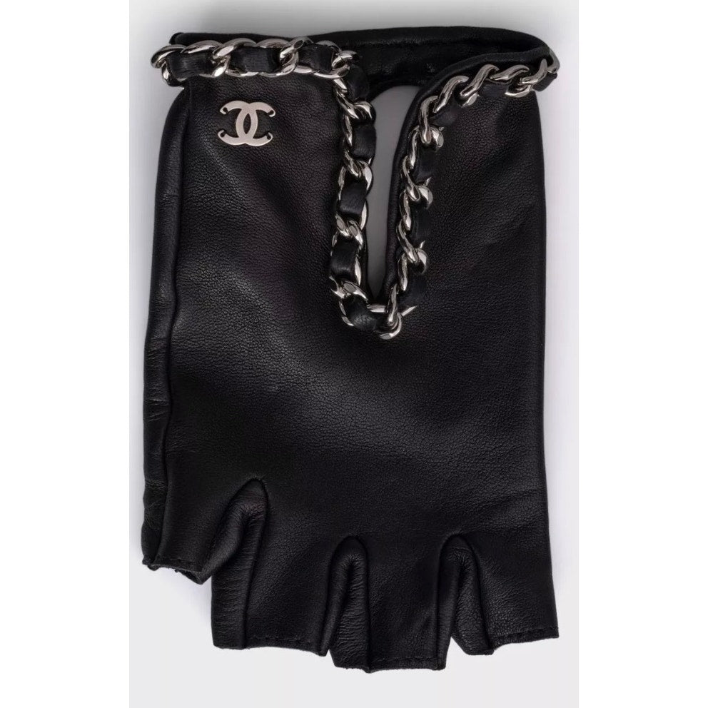 Chanel Black Leather Fingerless Gloves Mittens - Size 7 Pre-owned