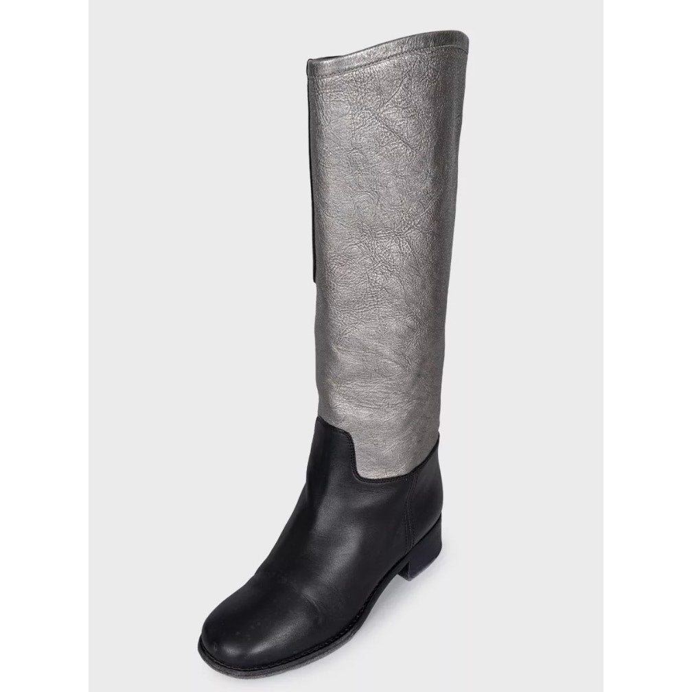 Chanel Silver & Black Leather Ankle Boots - Size 38 pre-owned