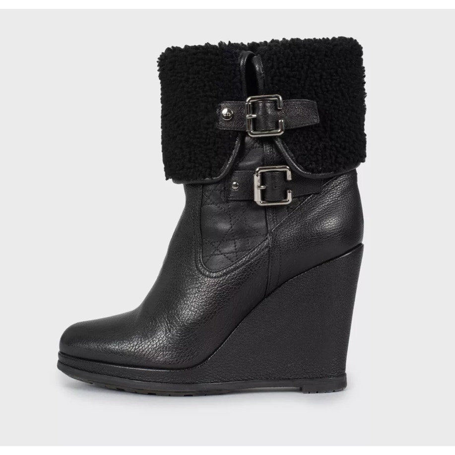 Christian Dior Black Leather Shearling Wedge Boots - Size 40 pre-owned