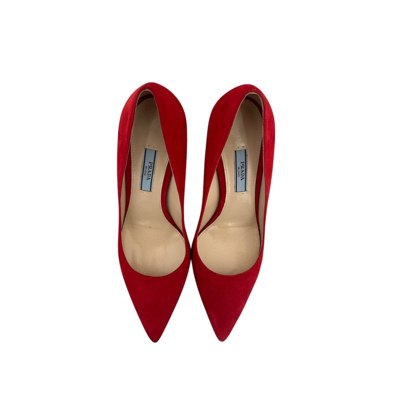 NWOB Prada Red Suede Pointed Toe Pumps  Sz.37.5 Pre-owned