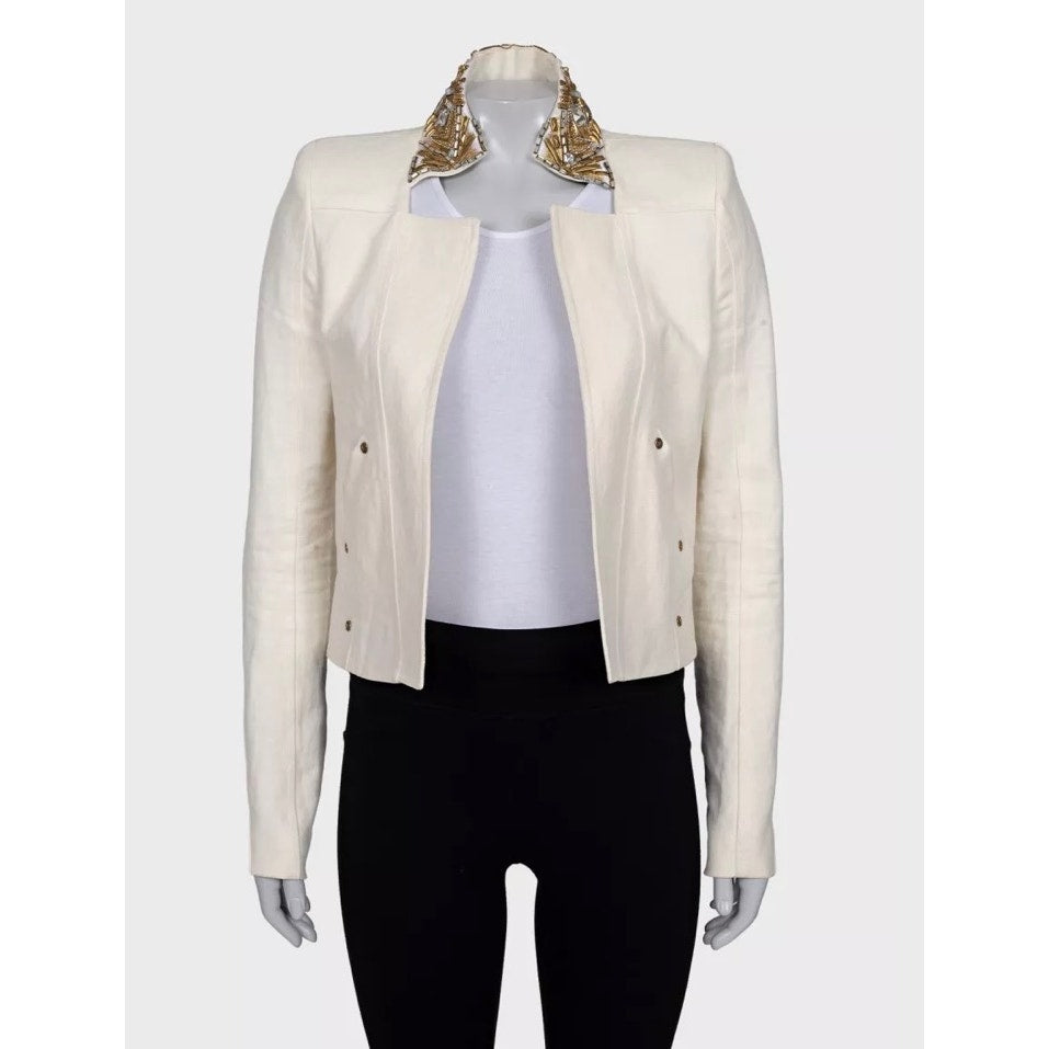 Balmain White Linen Crystal Trim Jacket - Size M (FR38) pre-owned