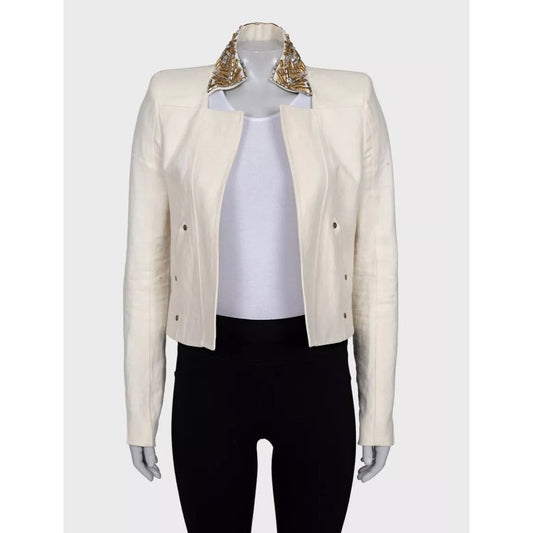 Balmain White Linen Crystal Trim Jacket - Size M (FR38) pre-owned
