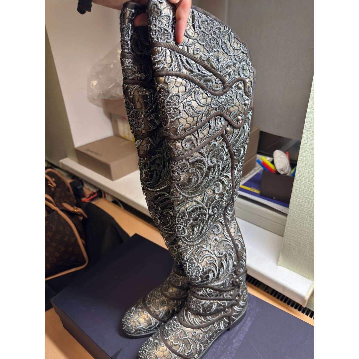 Dolce & Gabbana Gray Lace-Embellished Leather Over-the-Knee Boots Sz.39 Pre-owned