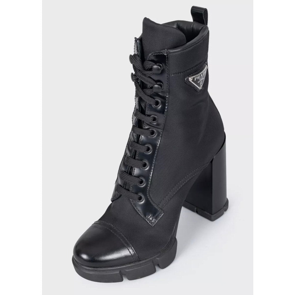 Prada Black Re-Nylon & Leather Ankle Boots Logo High Heel EU 38 Pre-owned