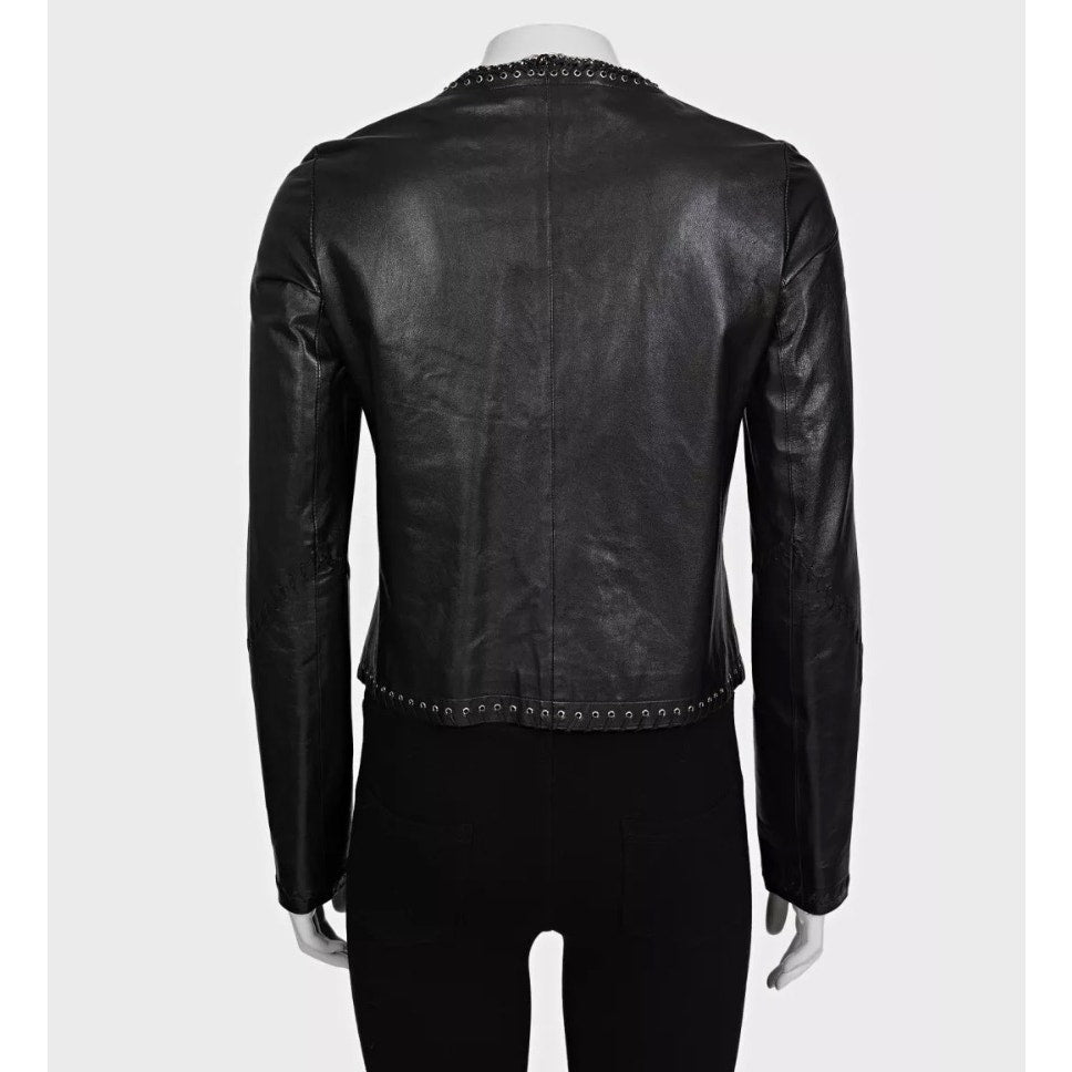 Roberto Cavalli Black Leather Lace-Up Cropped Jacket IT 42/M Pre-owned