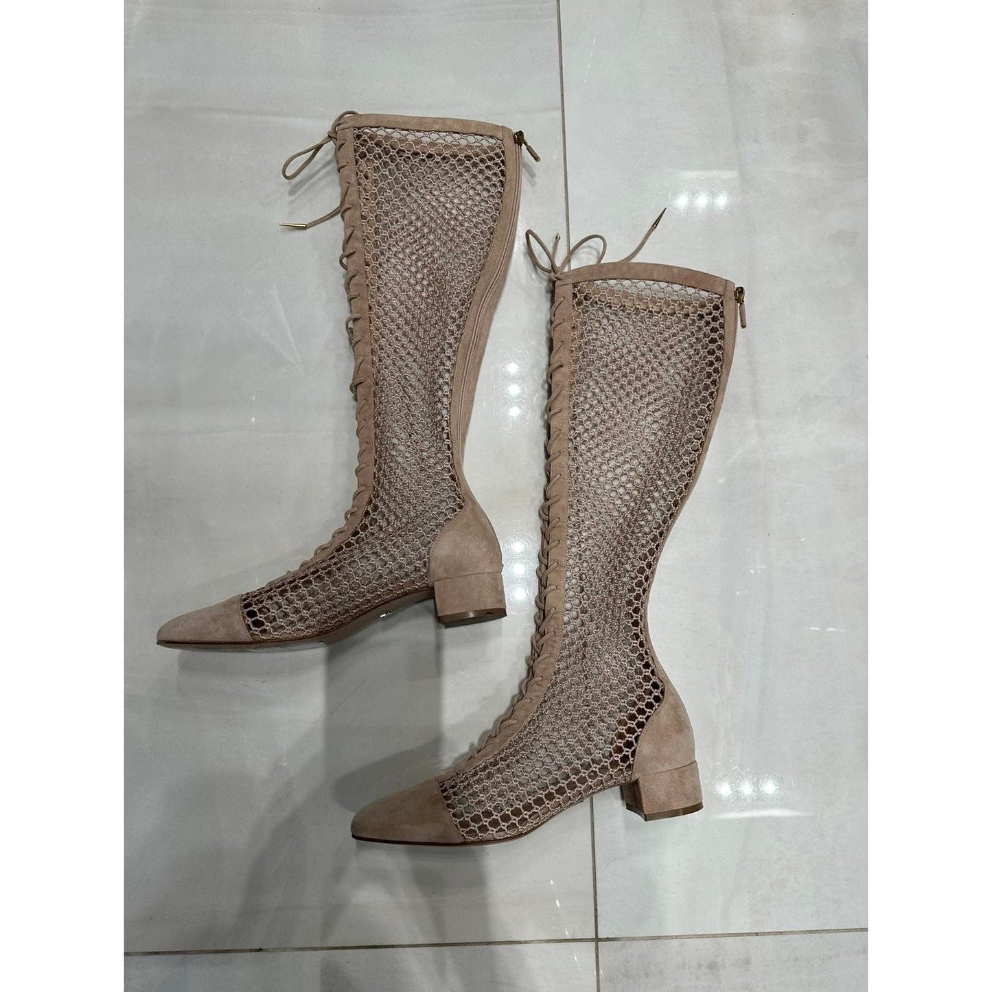 Christian Dior Beige Resille Naughtily-D Lace-Up Over-The-Knee Boots - Size 40 Pre-owned