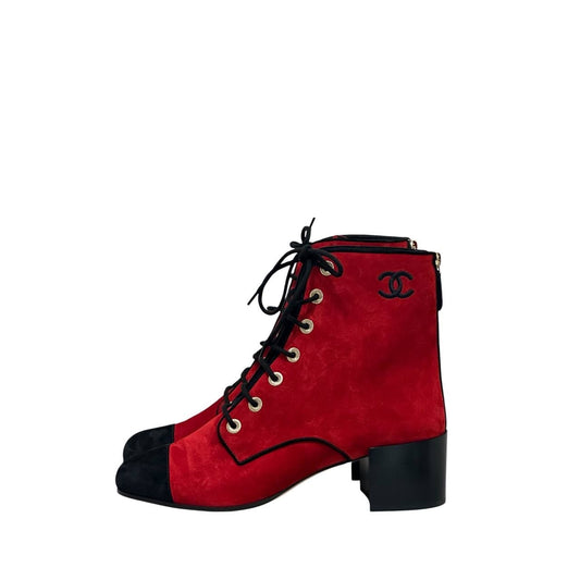 NWOB Chanel Red Suede 19K Block Heel Lace-Up Boots Sz.41 Pre-owned