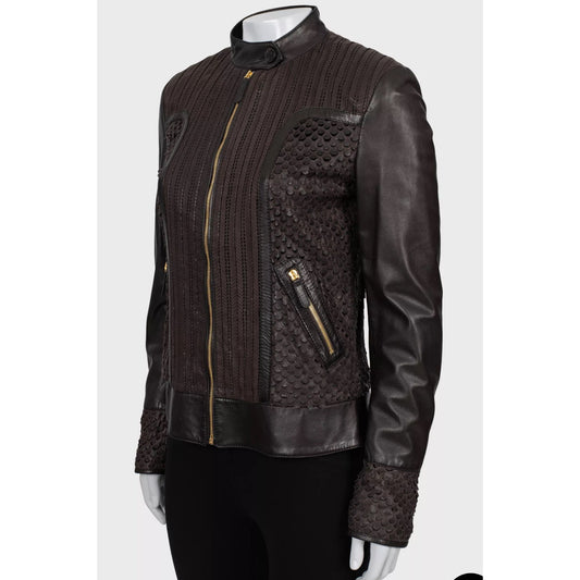 Roberto Cavalli Brown Perforated Leather Jacket - IT40/S pre-owned