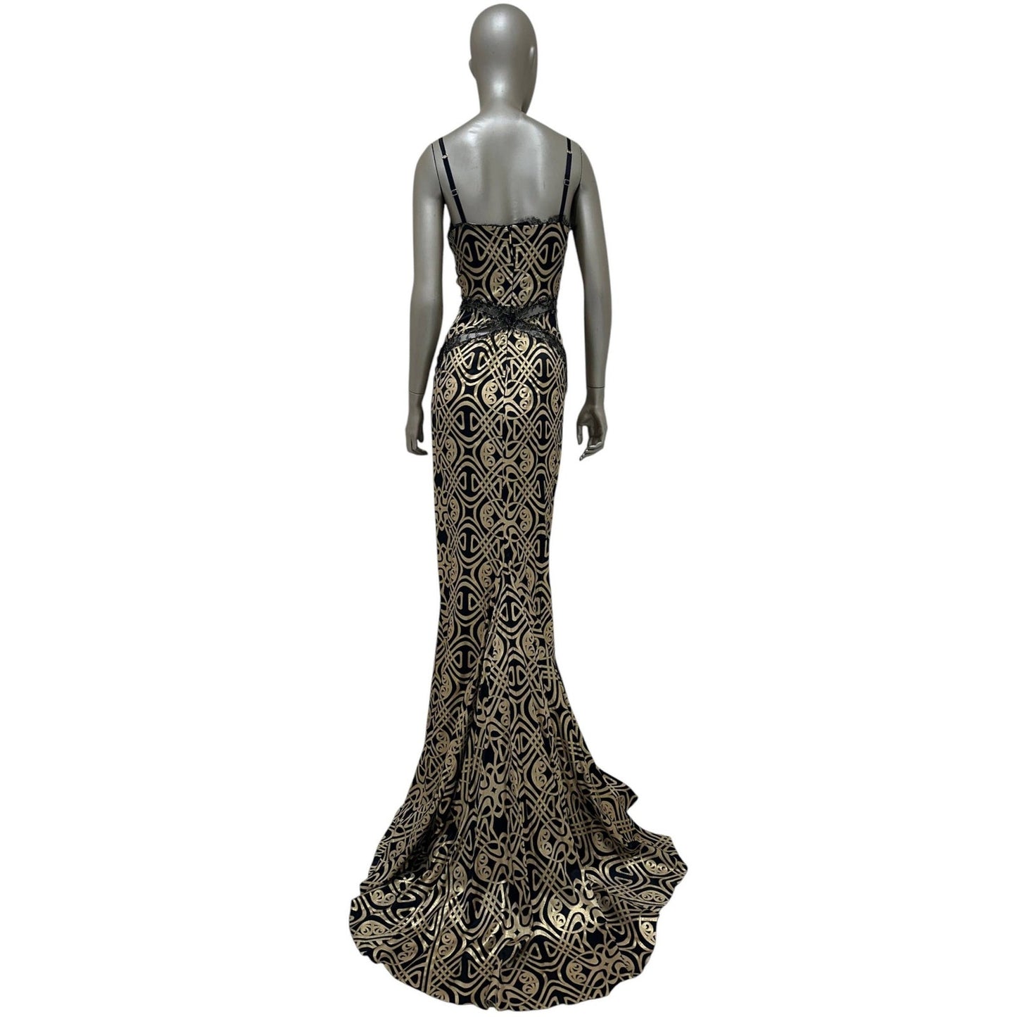 Roberto Cavalli Black & Gold Print Silk Maxi Dress Sz 38 Pre-owned