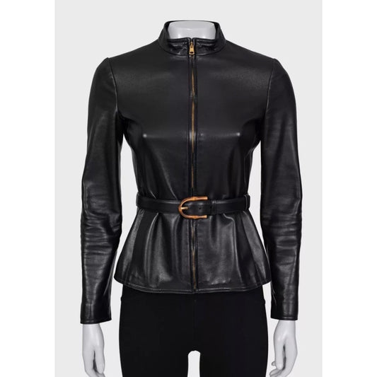 Gucci Black Leather Jacket with Belt Sz.38/XS Pre-owned
