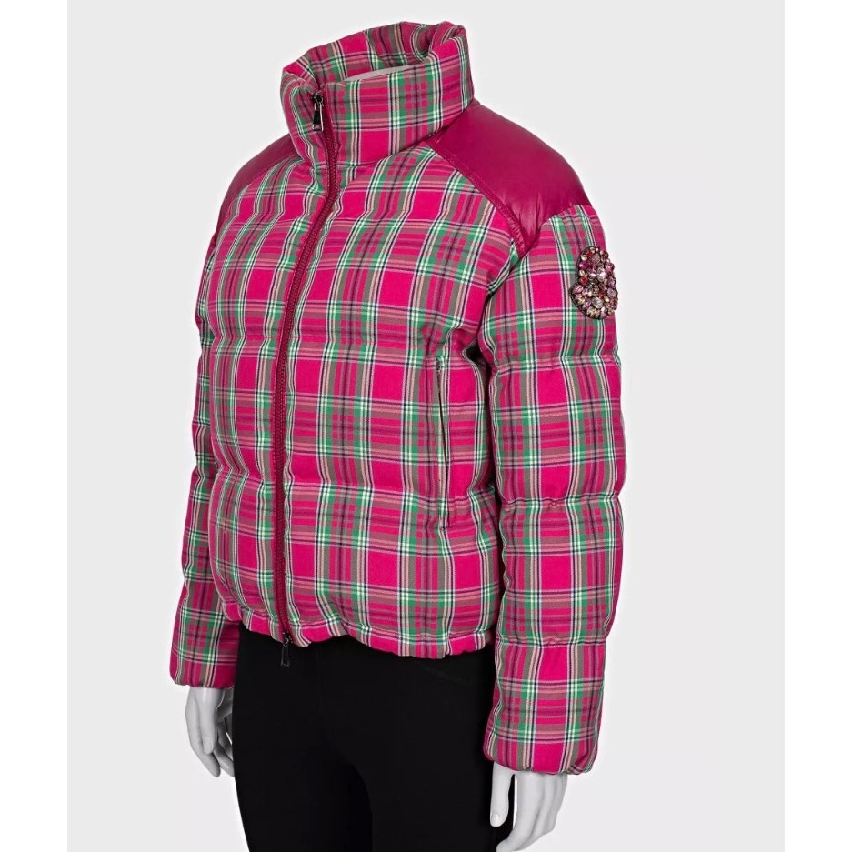 Moncler Pink Plaid Down Puffer Jacket Crystal Detail XXS US 0 Pre-owned