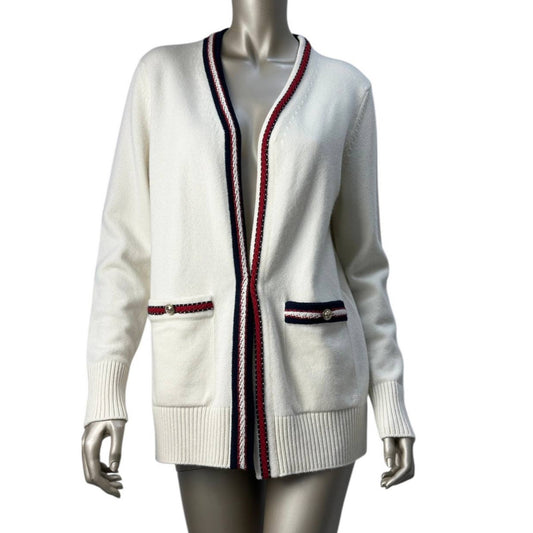 Chanel Ivory Cashmere  Contrast Trim Cardigan Sz 40 Pre-owned