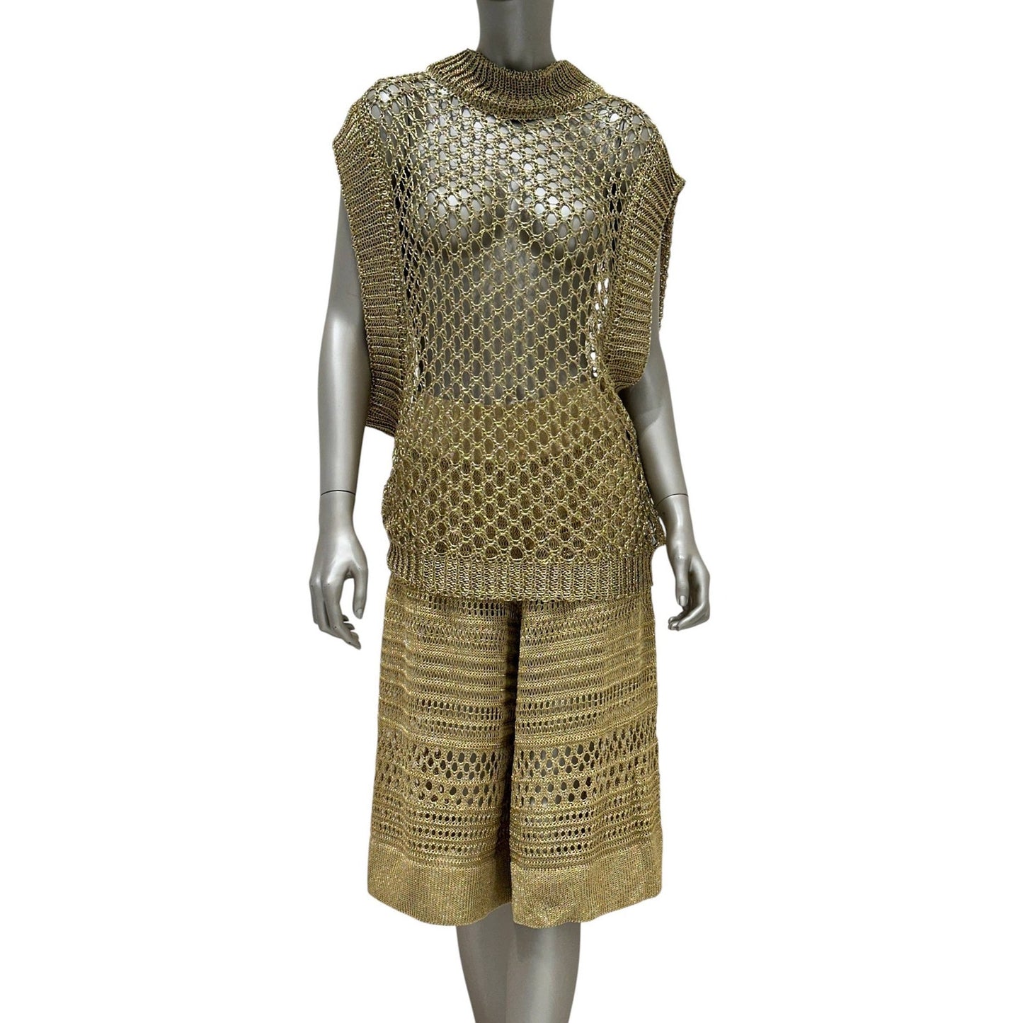 Balmain Gold Open-Knit Top & Bermuda Shorts Set FR 36 Pre-owned