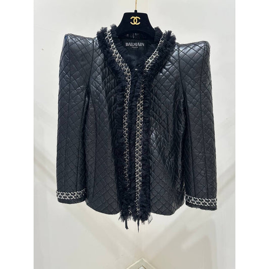 Balmain Paris Quilted Lambskin Leather Jacket - Size 40 Pre-owned