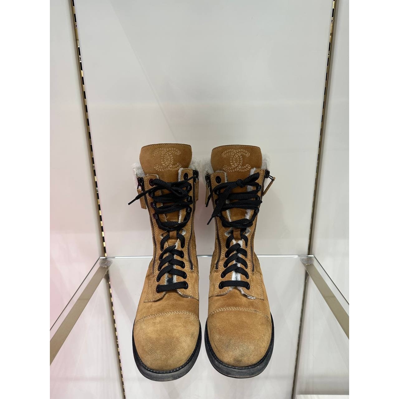 CHANEL 2012 Brown Suede Mid-Calf Combat Boots Size 38.5 pre-owned