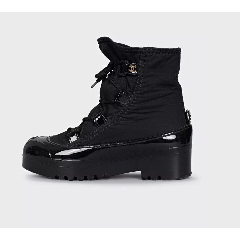 Chanel Black Lace-Up Textile Rubber Boots Size 38 pre-owned