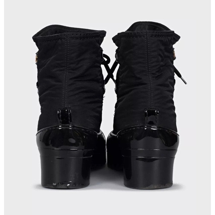 Chanel Black Lace-Up Textile Rubber Boots Size 38 pre-owned