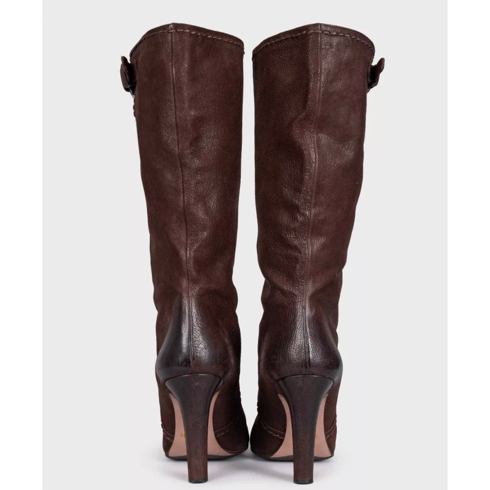 Prada Brown Leather Block Heel Pull-On Boots Sz.39 Pre-owned
