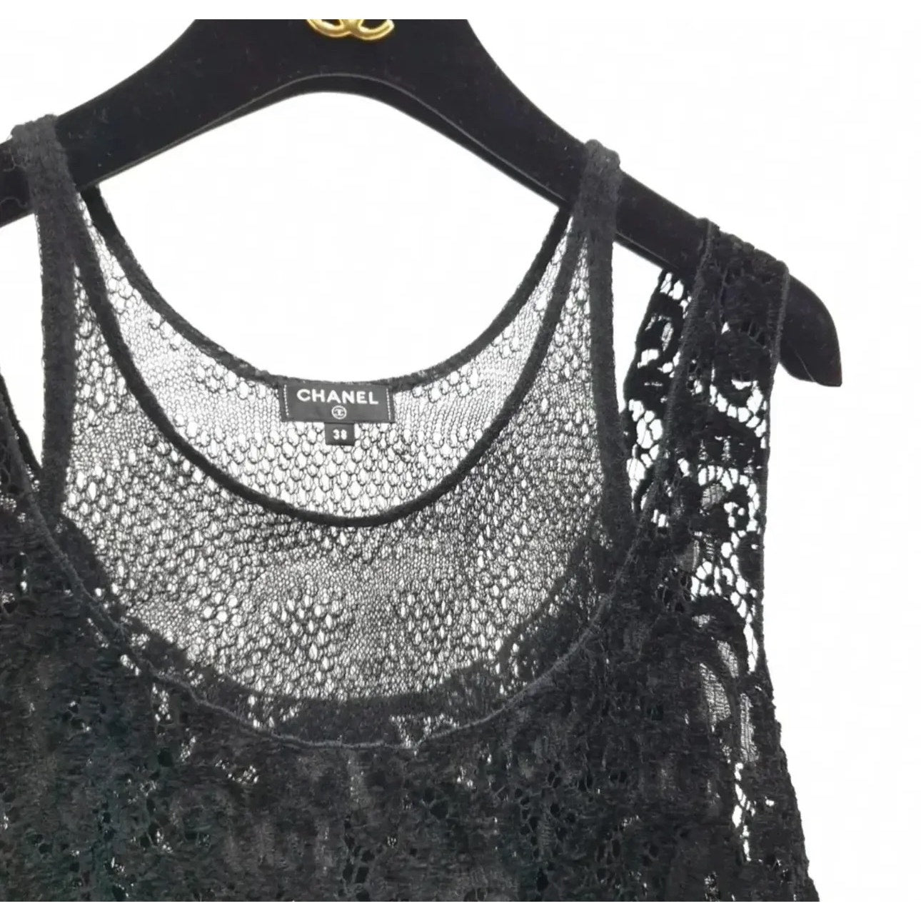 CHANEL COCO Button Rayon Cashmere Layered Lace Knit Tank Top Sz.38 pre-owned