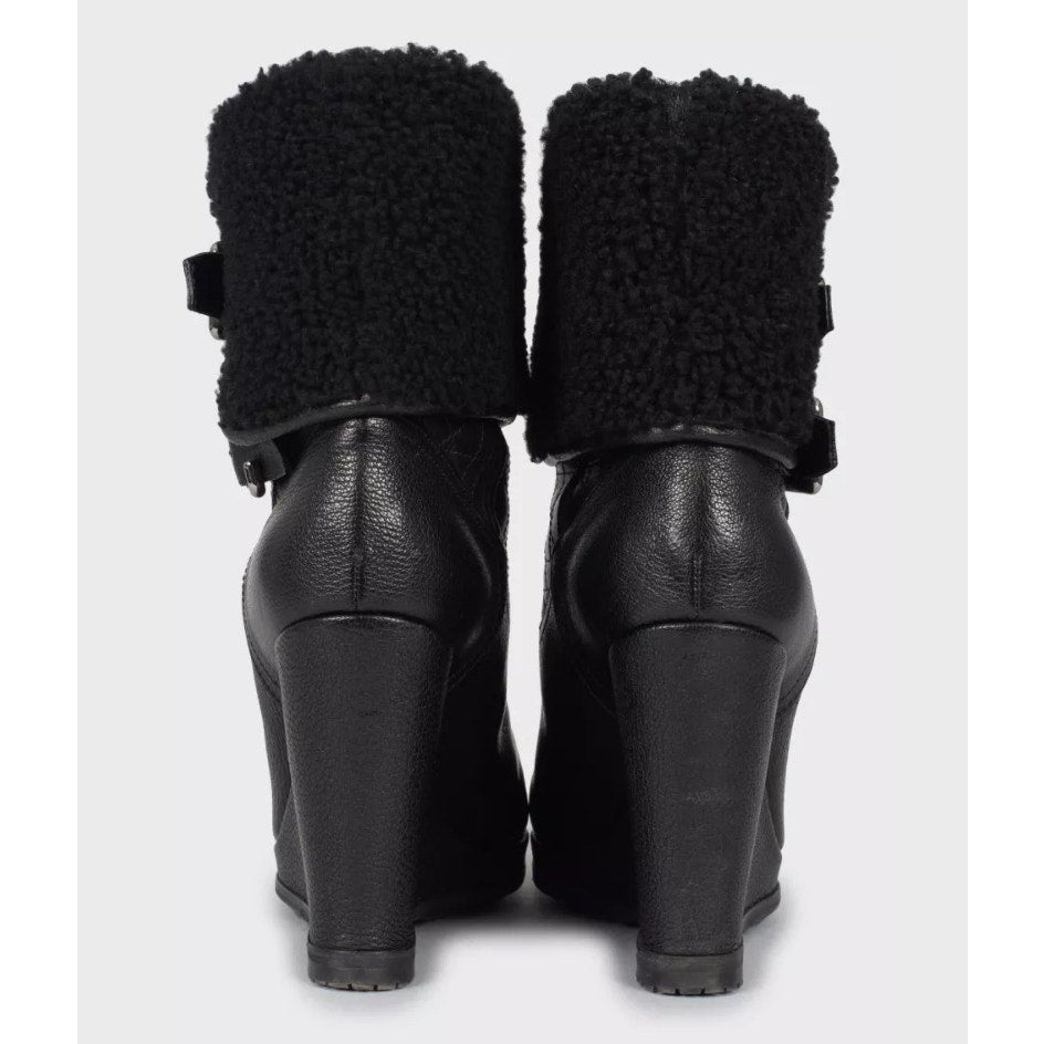 Christian Dior Black Leather Shearling Wedge Boots - Size 40 pre-owned