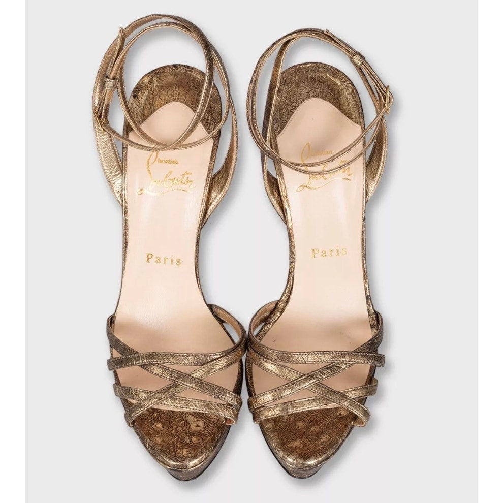 Christian Louboutin Gold Leather Platform High Heel Sandals Sz.38 pre-owned