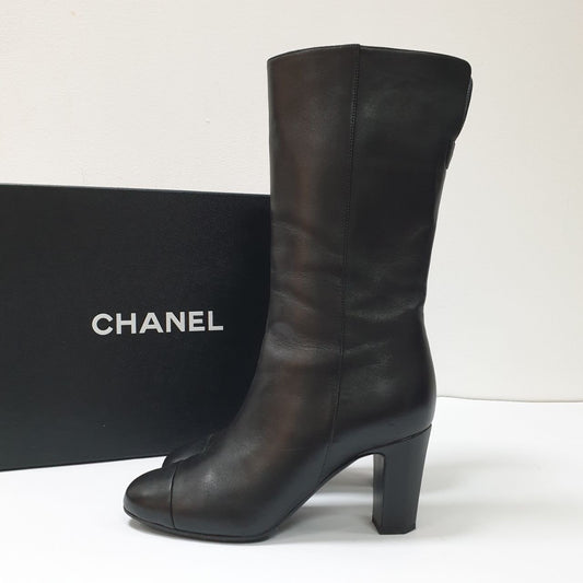 CHANEL Black Lambskin  Iconic Style Mid-Boots Sz.36 Pre-owned