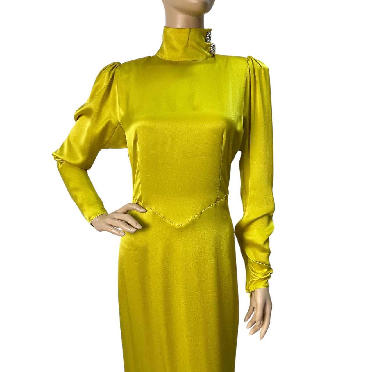 ALESSANDRA RICH Long Embellished Satin Turtleneck Dress In Yellow Sz.42 Pre-owned