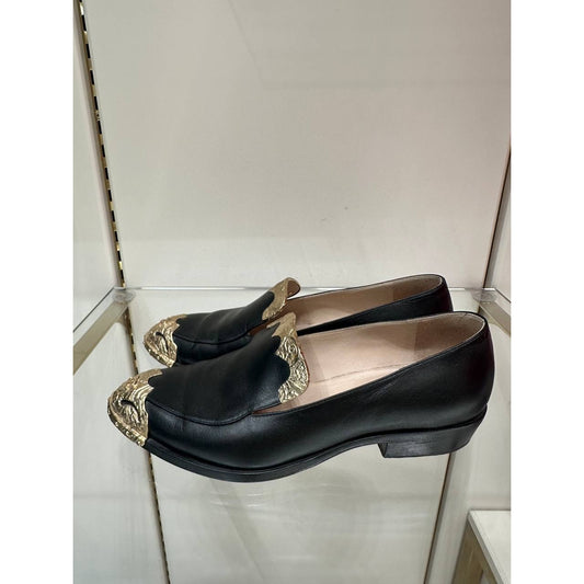 Chanel Paris Dallas Black Leather Gold Medallion Loafers Sz.37 Pre-owned