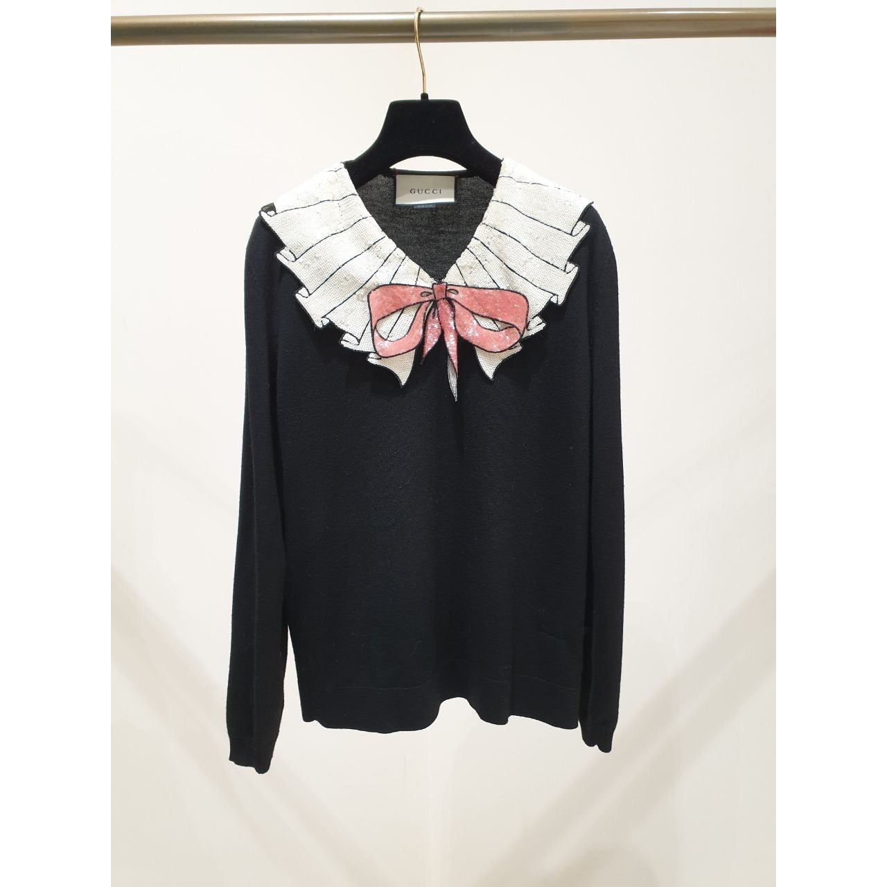 Gucci Black Merino Wool Ruffle Bow Sweater - Sz.M Pre-owned