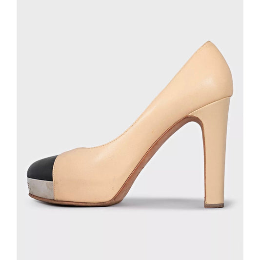 Chanel Beige Leather Block Heel Pumps - Size 39.5 Pre-owned