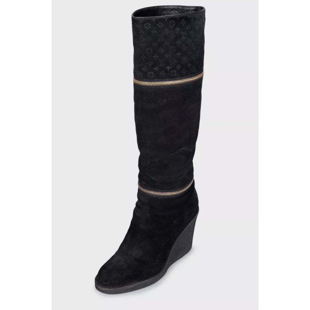 Louis Vuitton Black Suede Wedge Ankle Boots - Size 38.5 Pre-owned