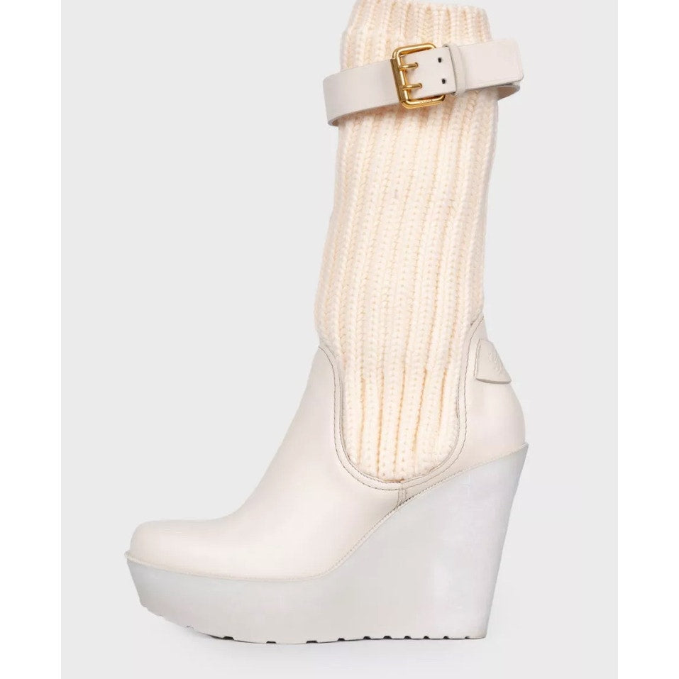 Gucci Beige Fabric & Leather Buckle Wedge Sock Boots Sz.37 Pre-owned
