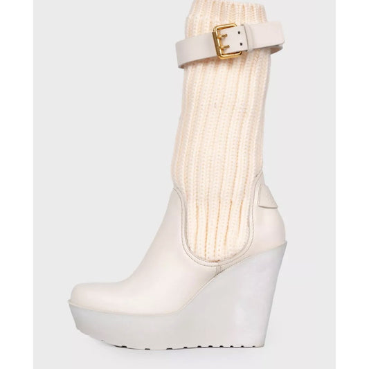Gucci Beige Fabric & Leather Buckle Wedge Sock Boots Sz.37 Pre-owned