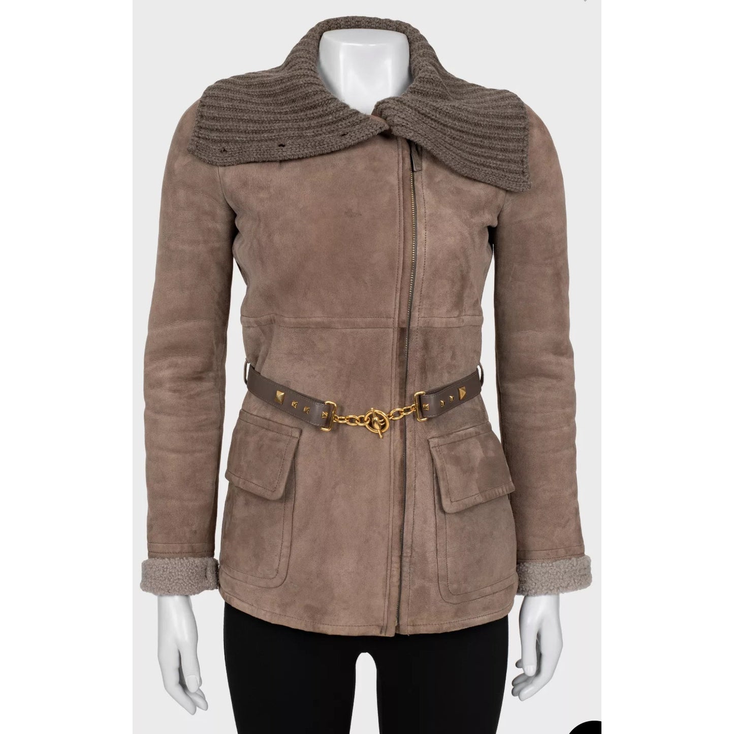 Gucci Cashmere Collar  Belted Shearling Leather Jacket Sz.40 Pre-owned