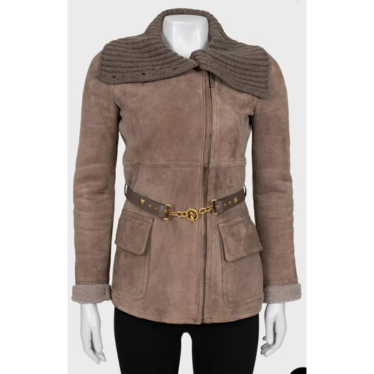 Gucci Cashmere Collar  Belted Shearling Leather Jacket Sz.40 Pre-owned