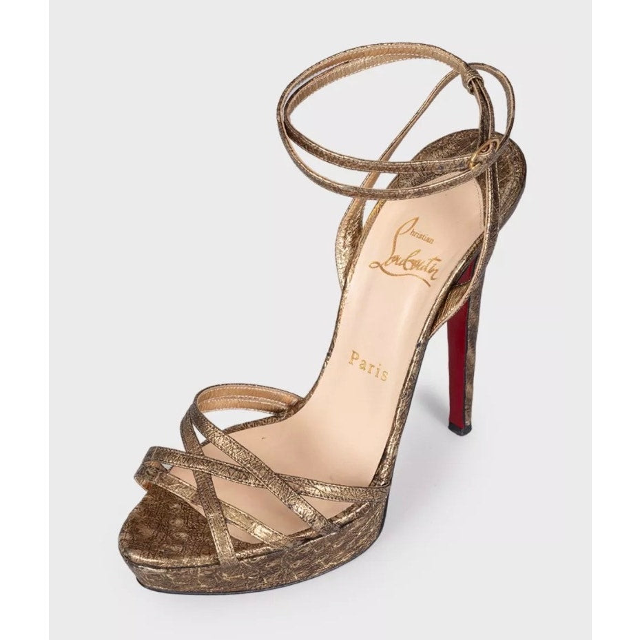 Christian Louboutin Gold Leather Platform High Heel Sandals Sz.38 pre-owned