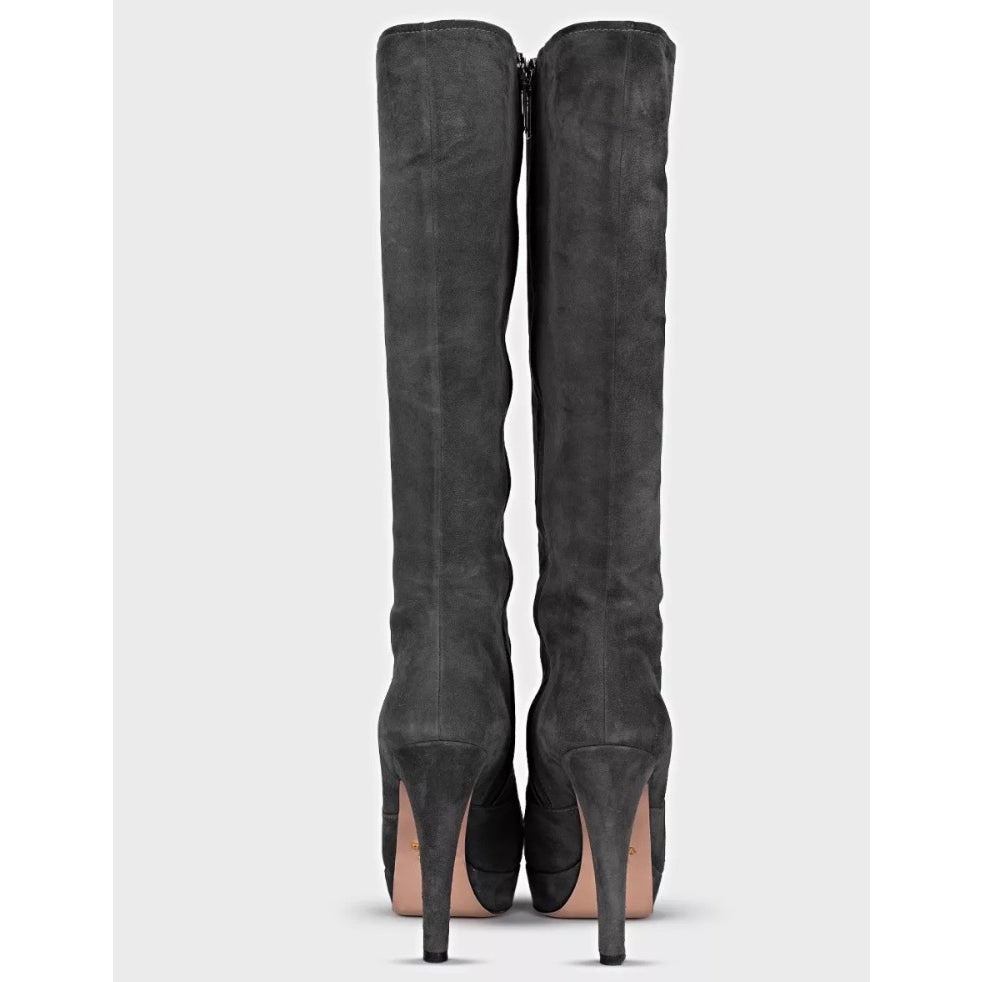 Prada Grey Suede Knee-High Boots - Pointed Toe Stiletto EU 40 Pre-owned