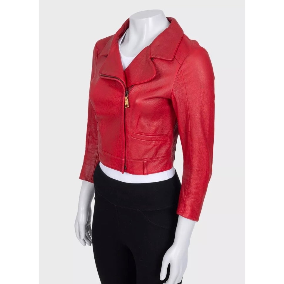 Prada Red Lambskin Cropped Jacket w/ Gold Hardware Sz.42 Pre-owned