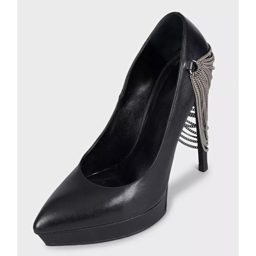 Saint Laurent Chain-Detail Black Leather Heels Sz.37 Pre-owned